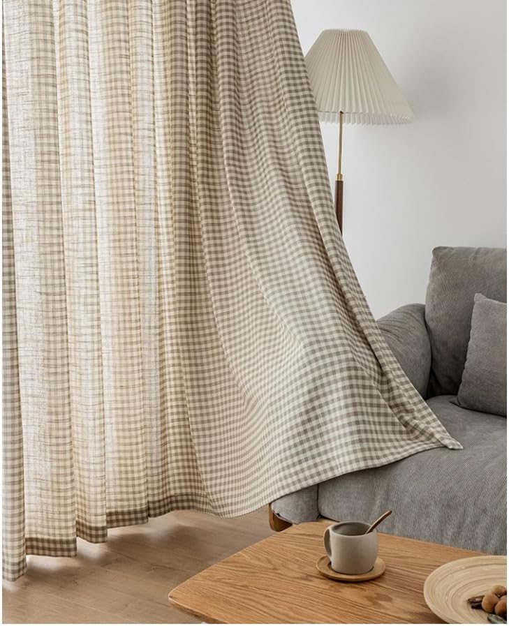 Brown Plaid Cotton Linen Window Curtains