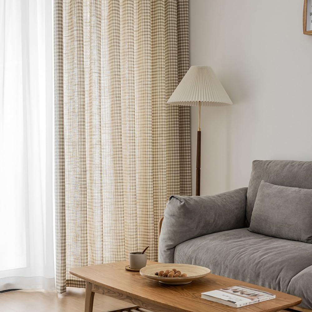 Brown Plaid Cotton Linen Window Curtains