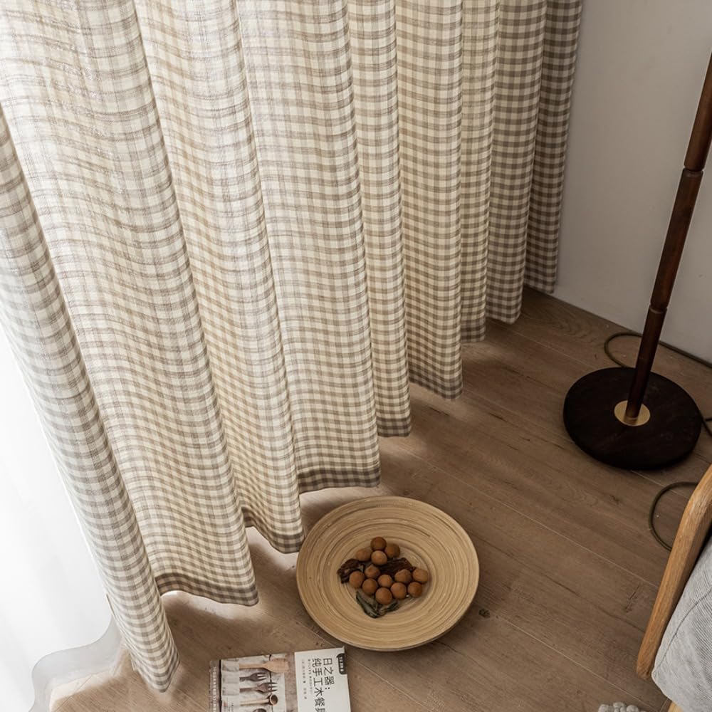 Brown Plaid Cotton Linen Window Curtains