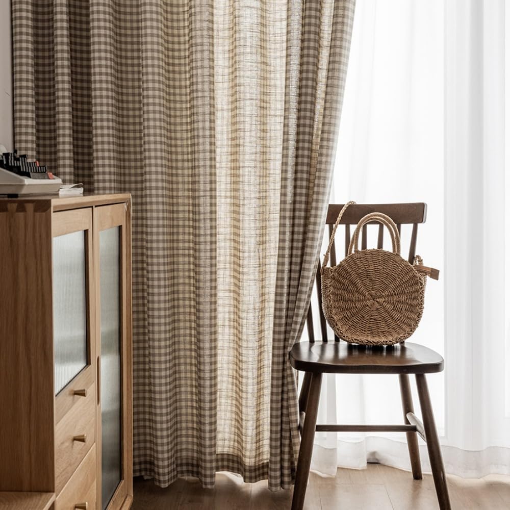 Brown Plaid Cotton Linen Window Curtains