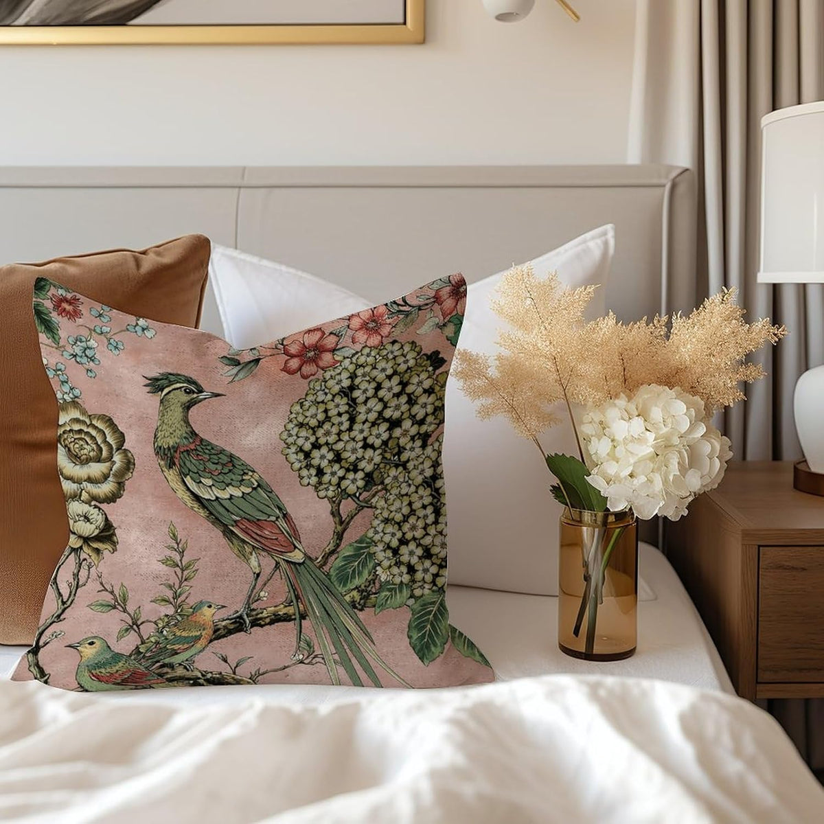 Pink Floral Bird Linen Pillow Cover