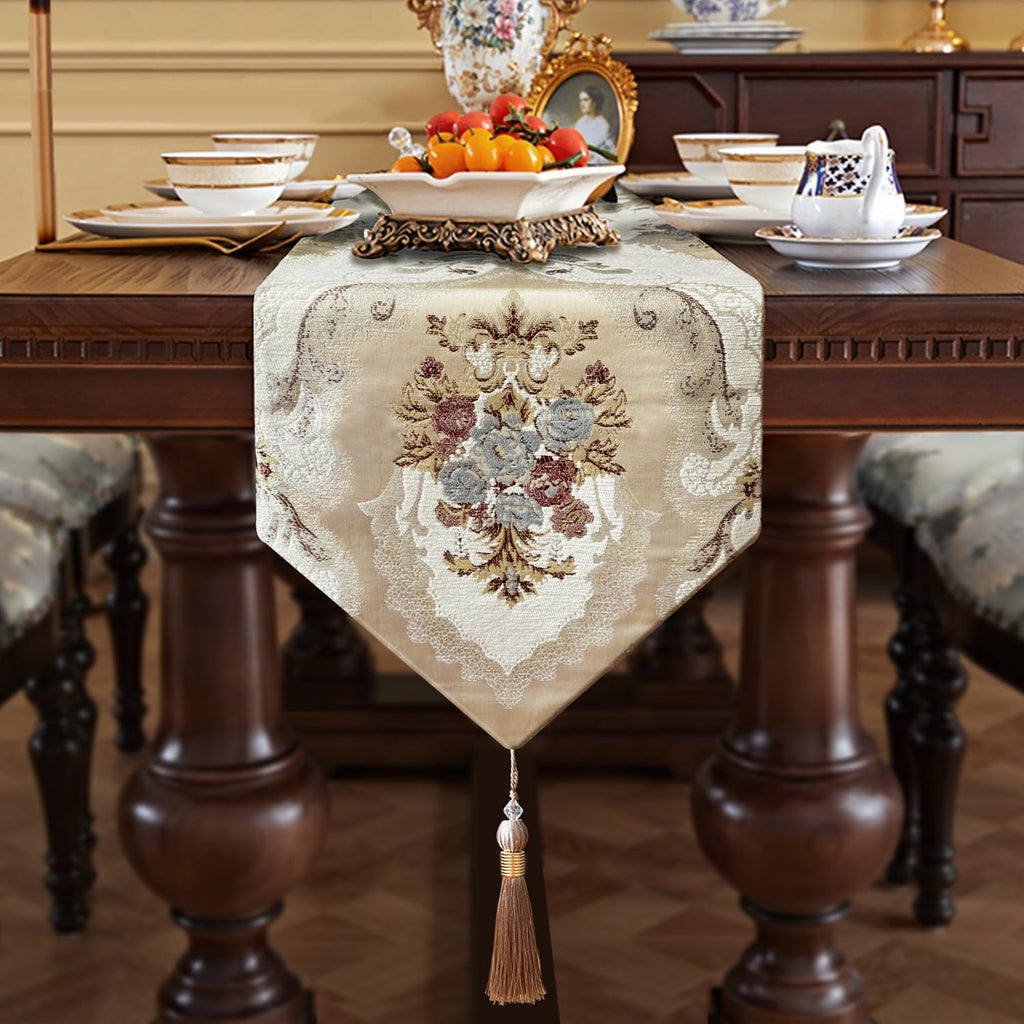 Beige Luxury Damask Chenille Table Runner