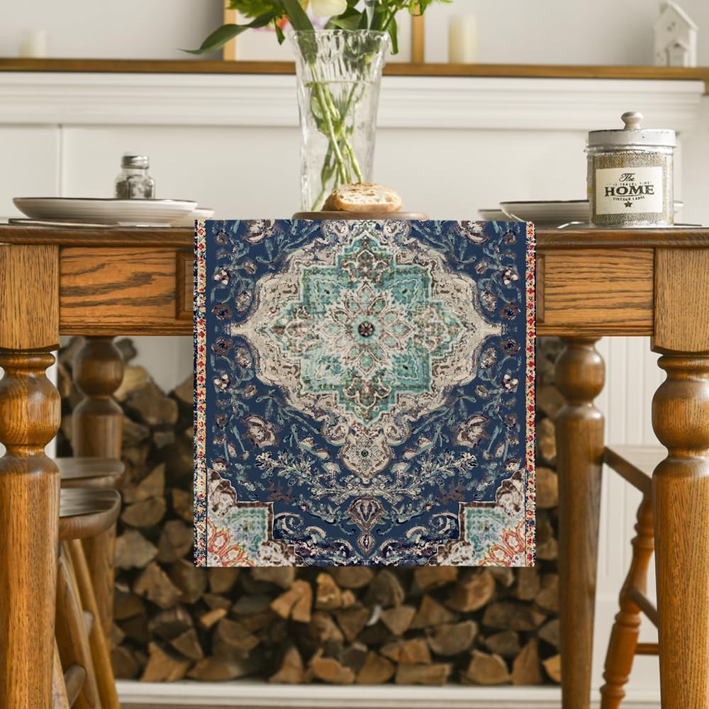 Boho Blue Rustic Farmhouse Table Runner