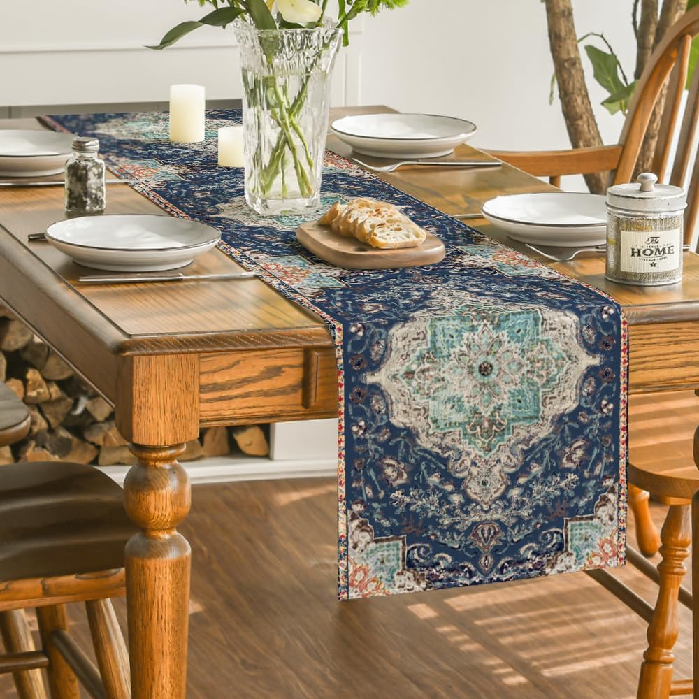 Boho Blue Rustic Farmhouse Table Runner