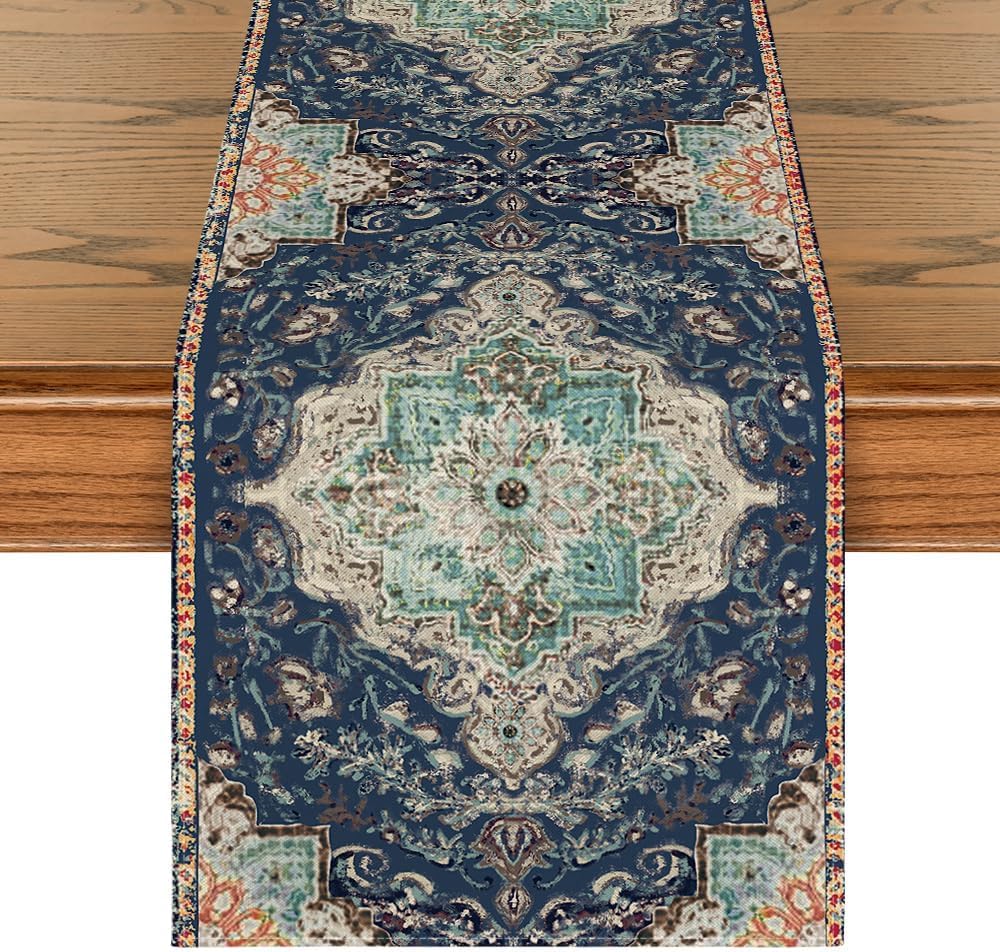 Boho Blue Rustic Farmhouse Table Runner
