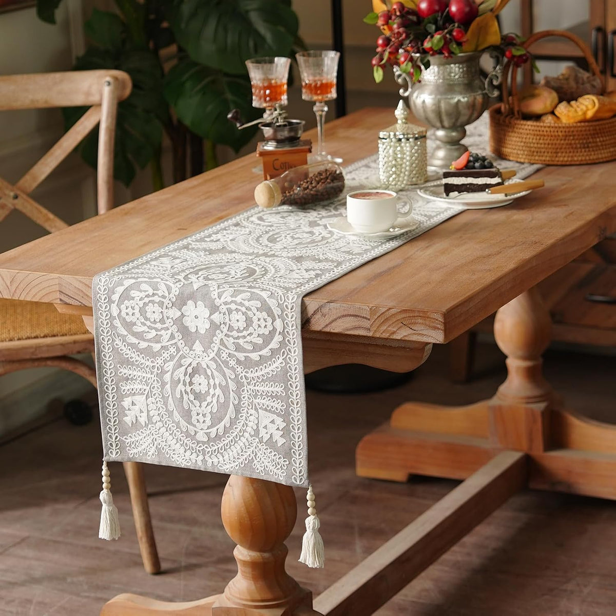 Gray Embroidered Lace Table Runner