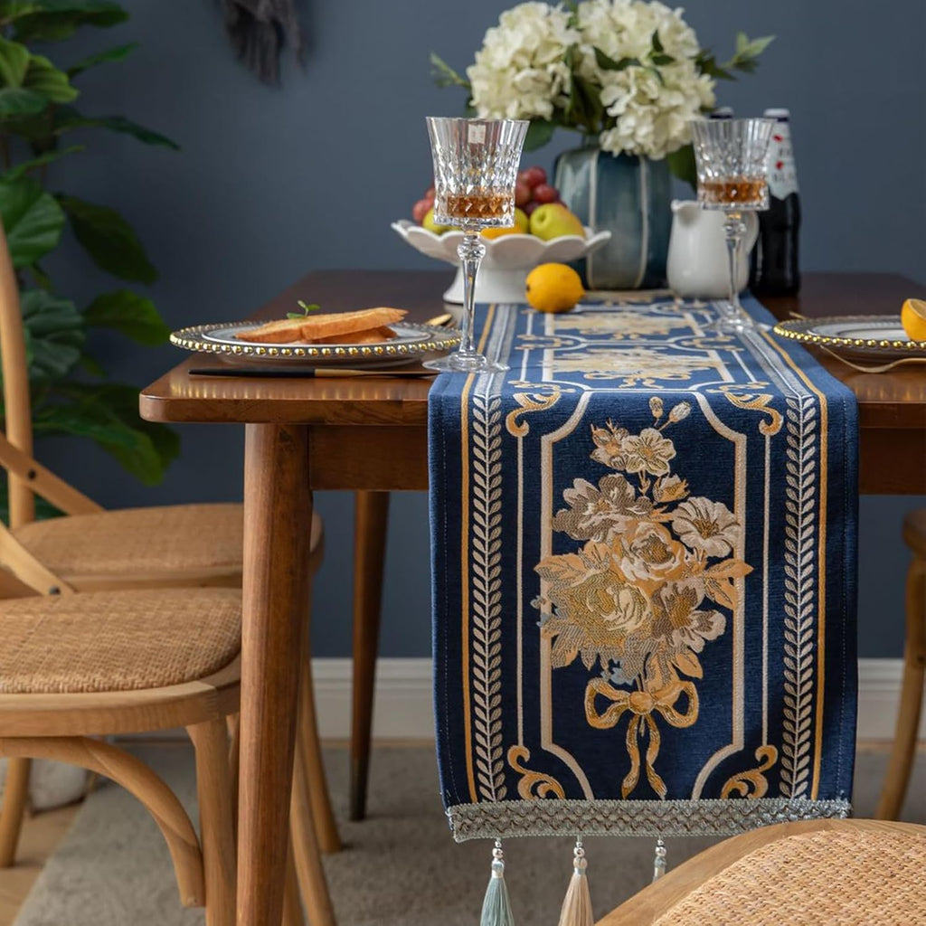Elegant Blue Embroidered Tassel Table Runner