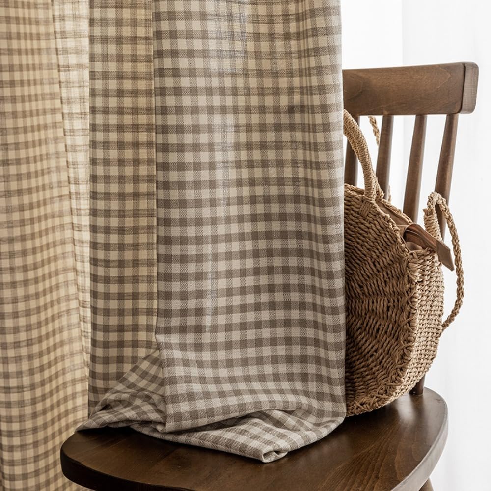 Brown Plaid Cotton Linen Window Curtains
