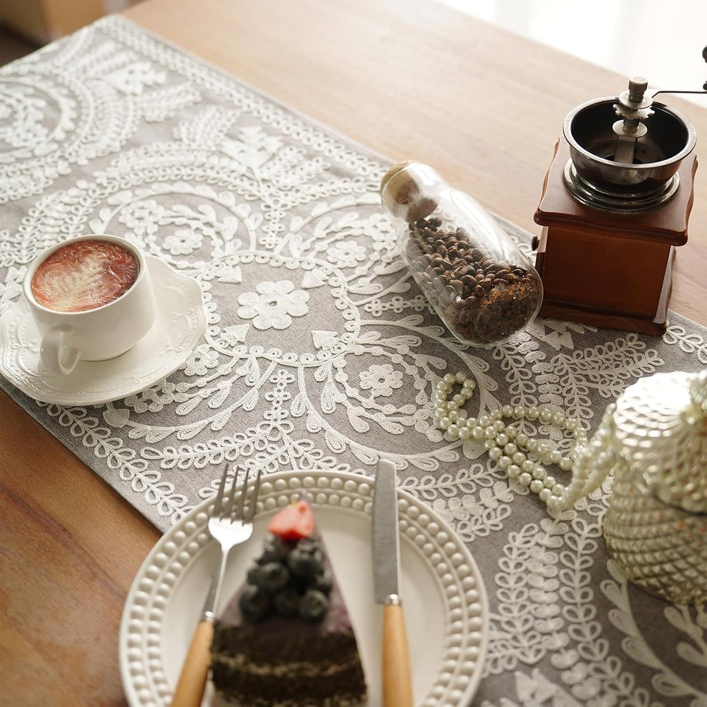 Gray Embroidered Lace Table Runner
