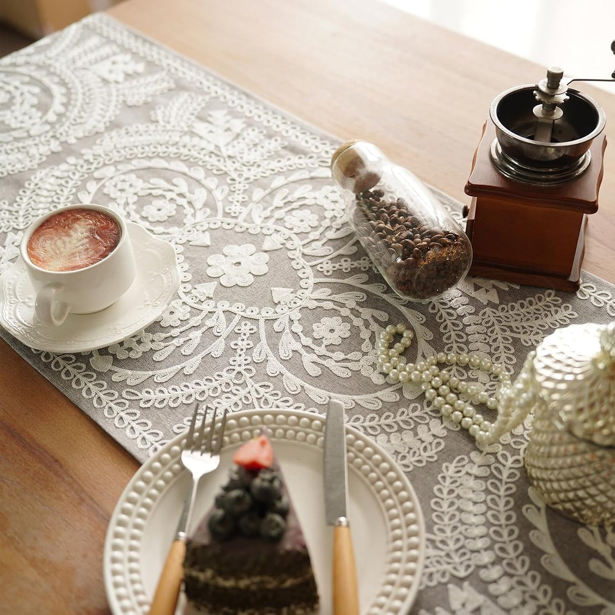 Gray Embroidered Lace Table Runner