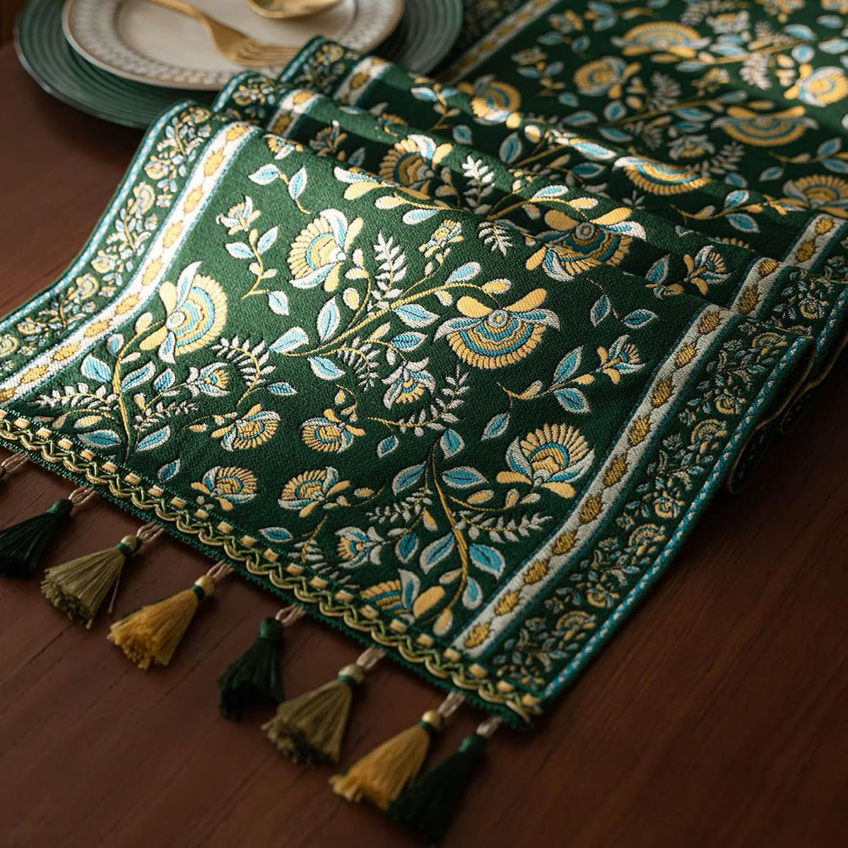 Green Floral Embroidered Tassel Table Runner