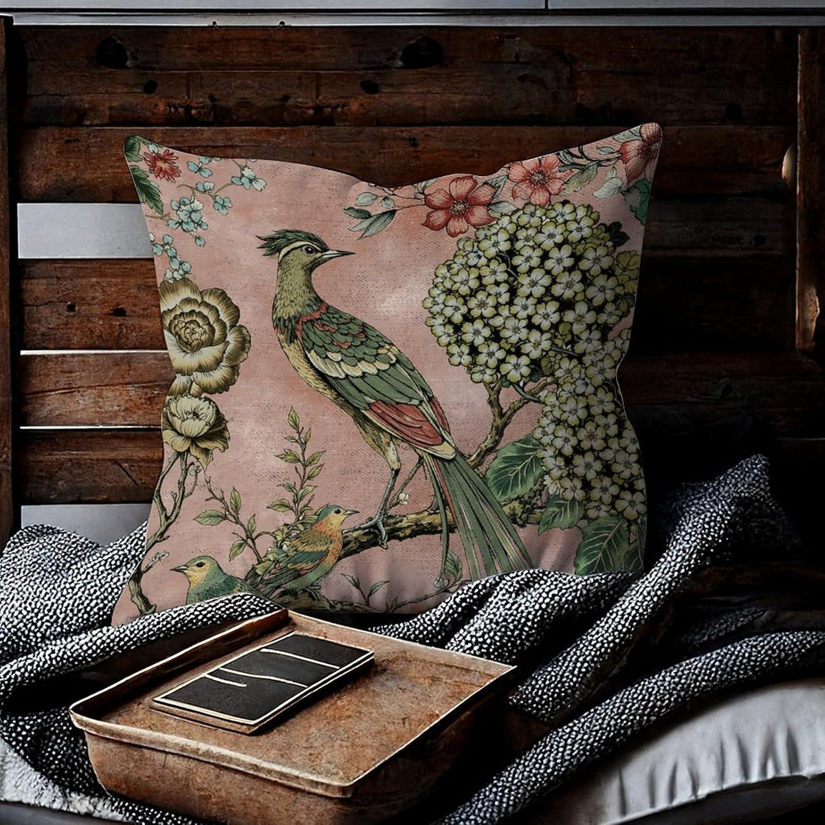 Pink Floral Bird Linen Pillow Cover