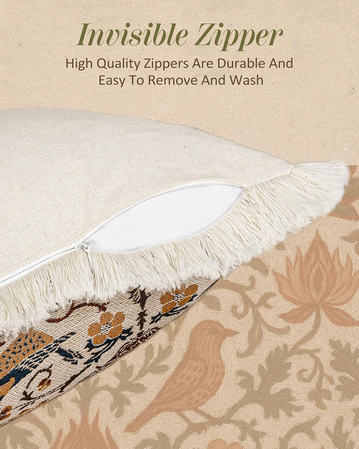 Boho Bird Floral Fringe Pillow Cover