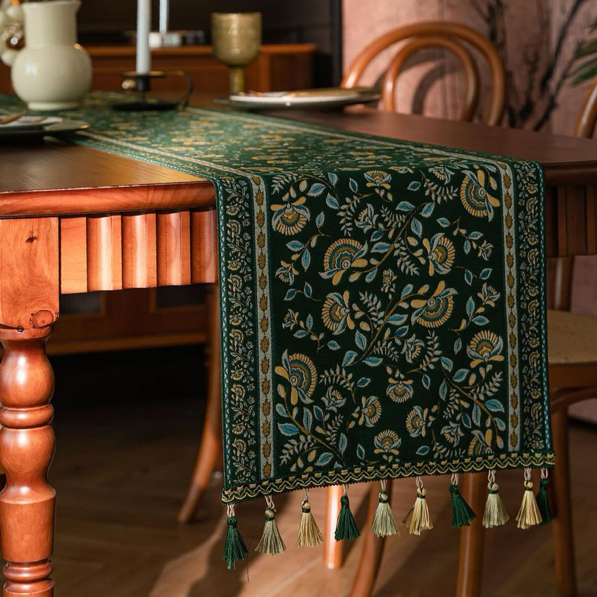 Green Floral Embroidered Tassel Table Runner
