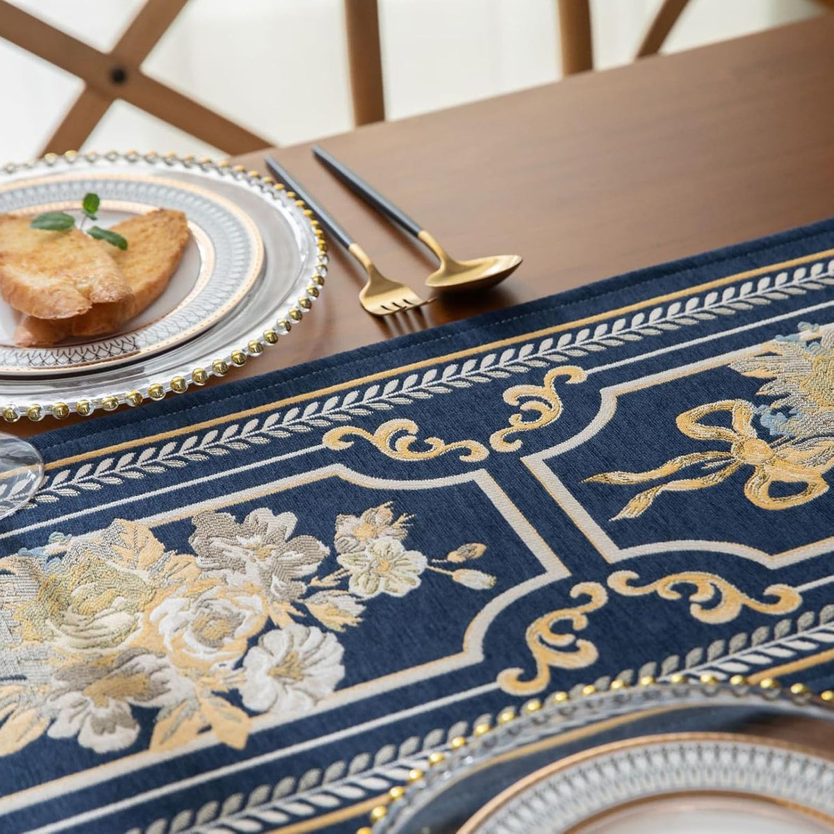 Elegant Blue Embroidered Tassel Table Runner