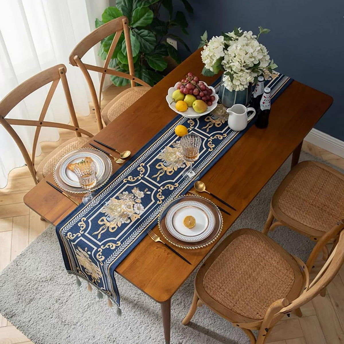 Elegant Blue Embroidered Tassel Table Runner