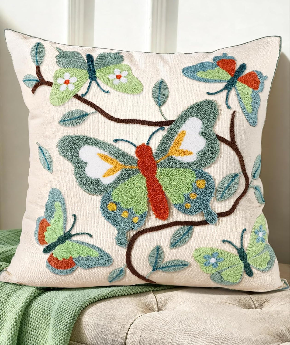 Butterfly Branch Embroidered Pillow Cover
