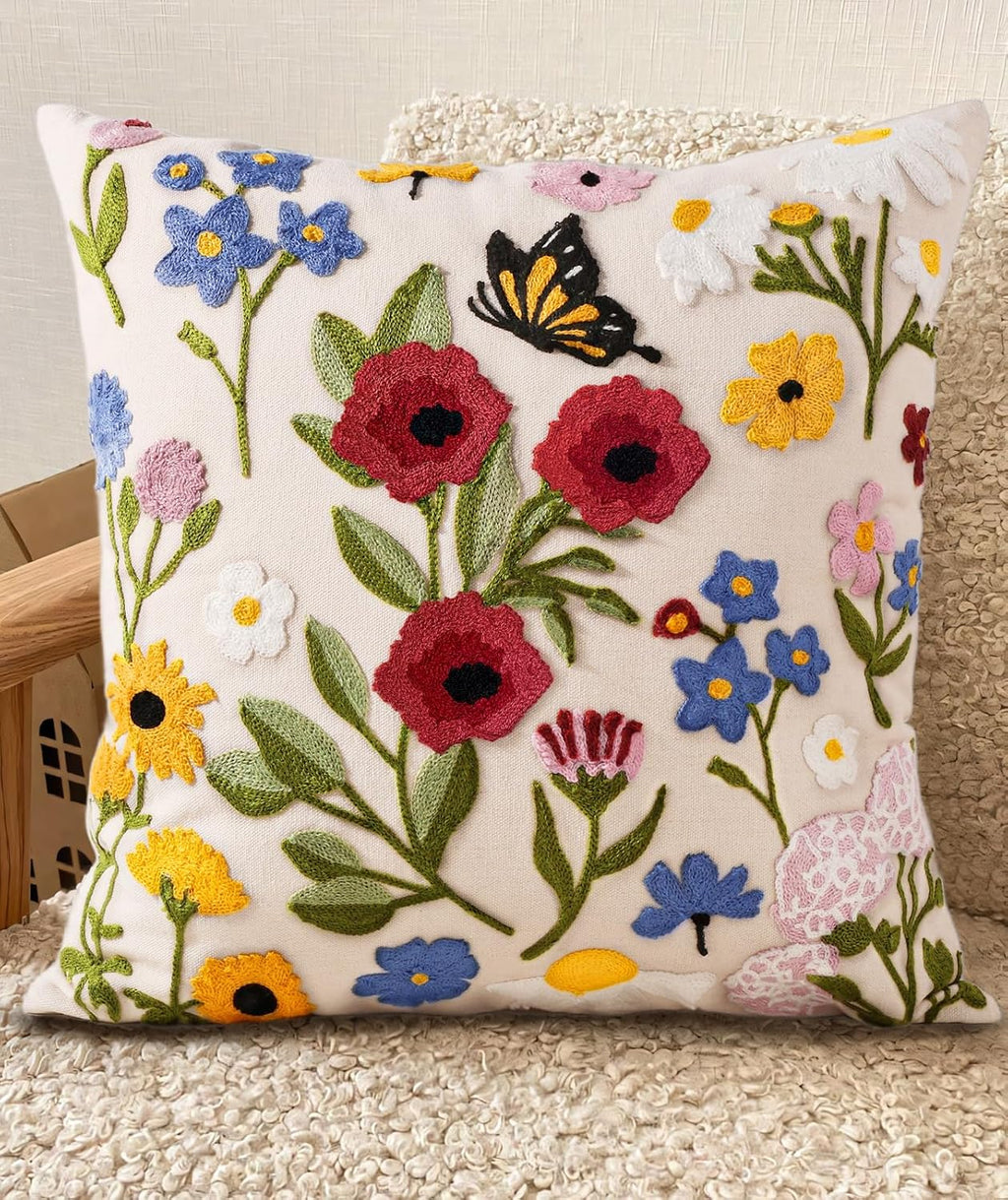 Retro Flower Embroidered Pillow Cover