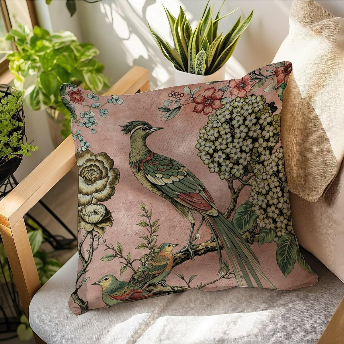 Pink Floral Bird Linen Pillow Cover