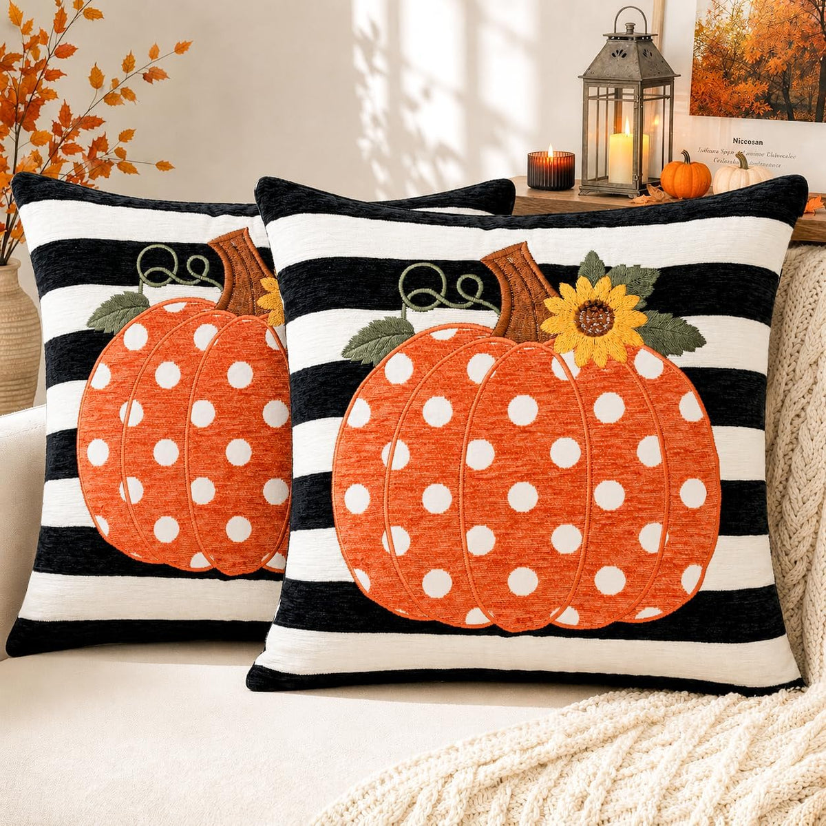 Embroidered Fall Pumpkin Pillow Covers