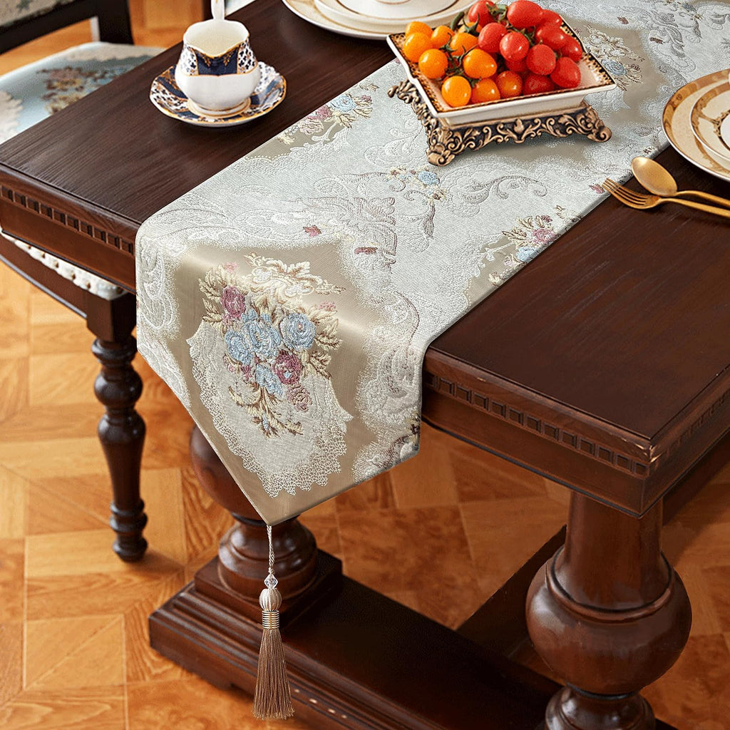 Beige Luxury Damask Chenille Table Runner