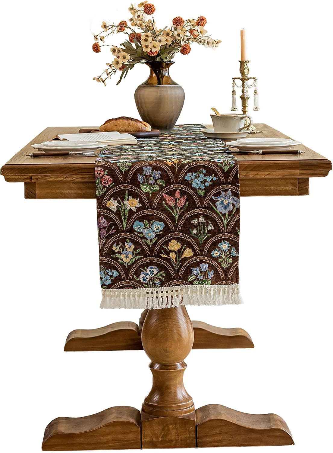 Brown Floral Jacquard Tassel Table Runner