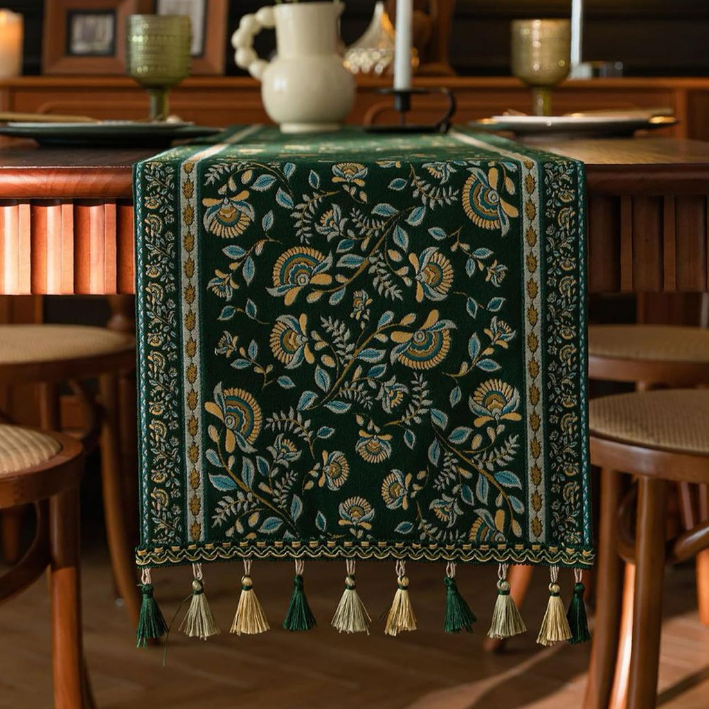 Green Floral Embroidered Tassel Table Runner
