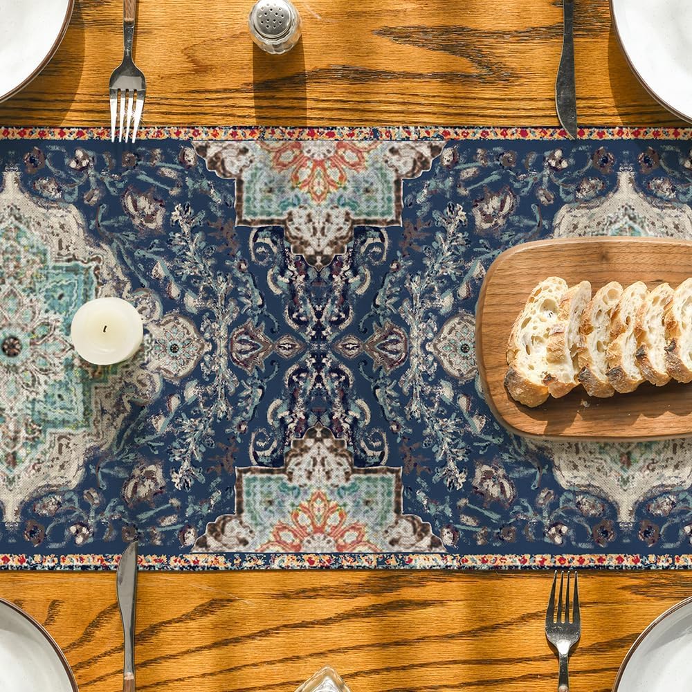 Boho Blue Rustic Farmhouse Table Runner