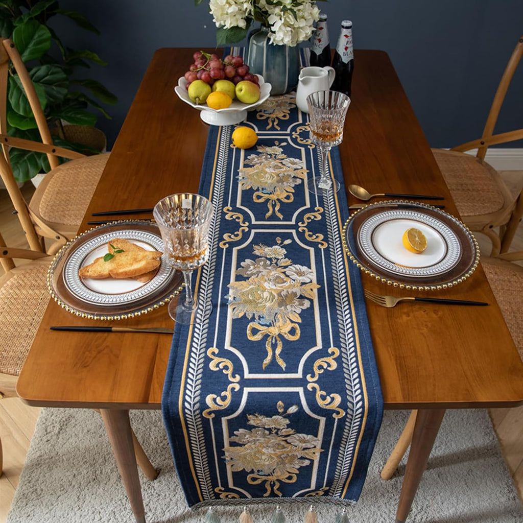 Elegant Blue Embroidered Tassel Table Runner