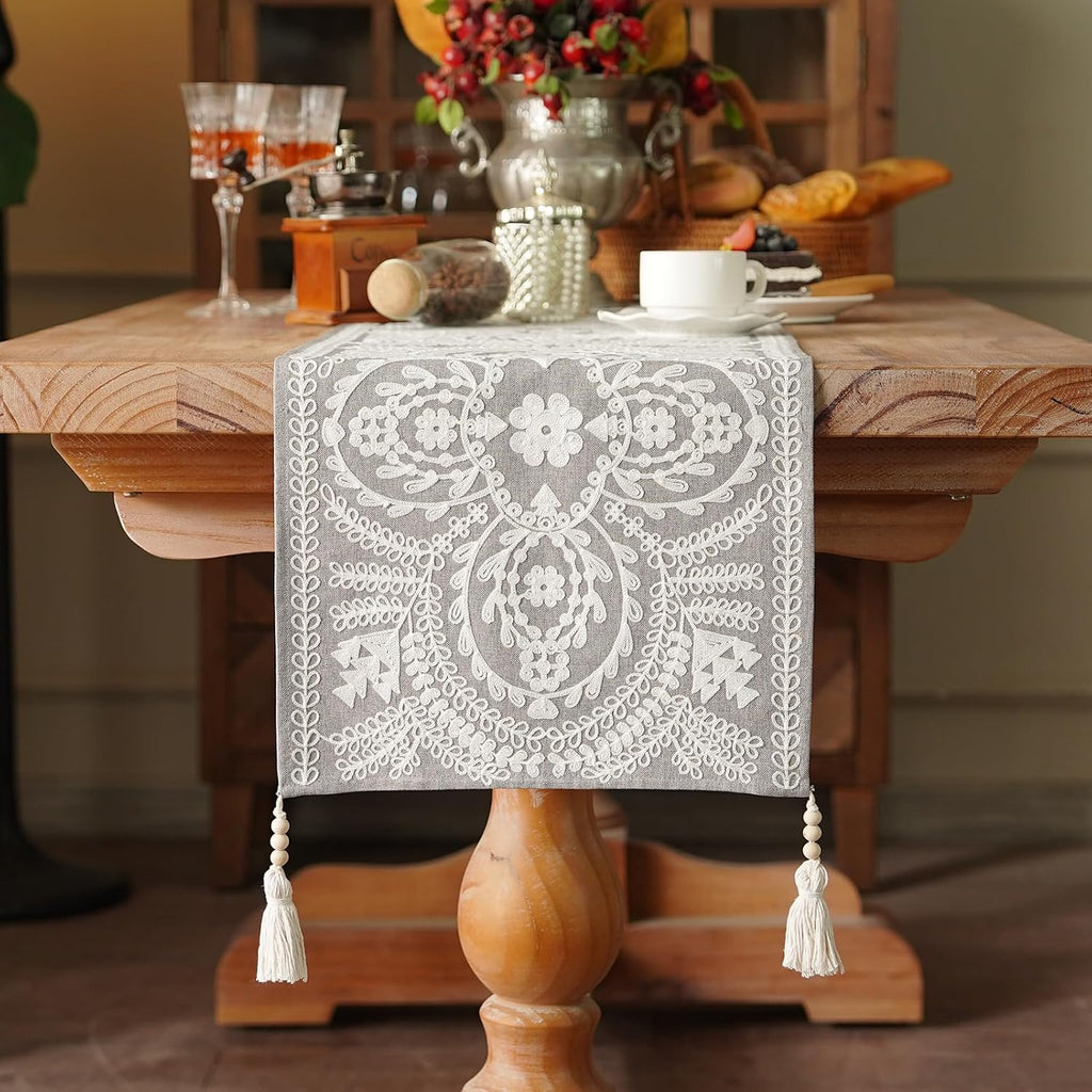 Gray Embroidered Lace Table Runner
