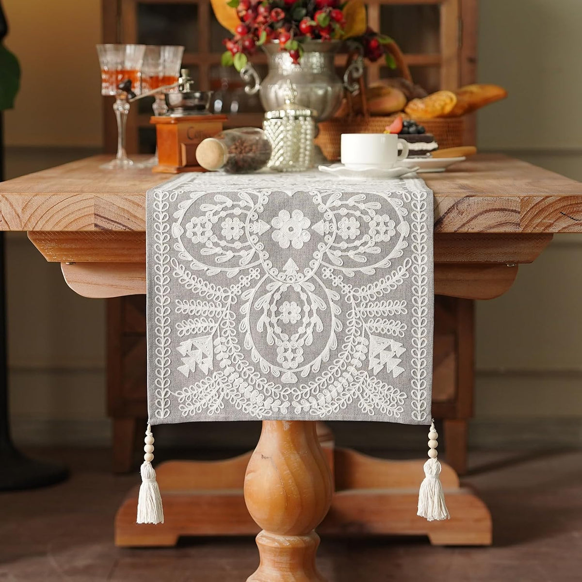 Gray Embroidered Lace Table Runner
