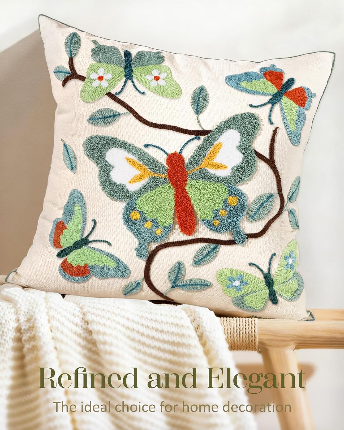 Butterfly Branch Embroidered Pillow Cover