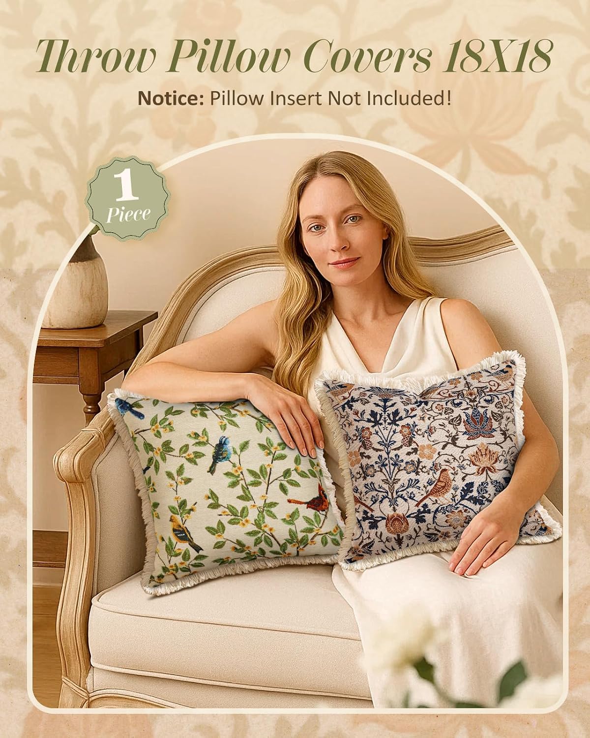 Boho Bird Floral Fringe Pillow Cover