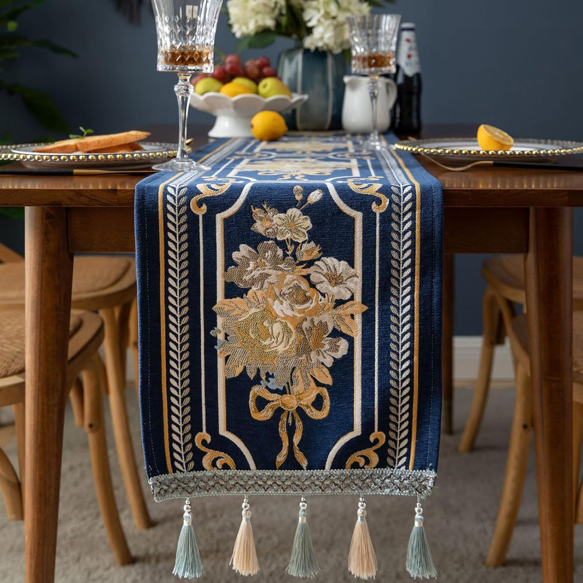 Elegant Blue Embroidered Tassel Table Runner