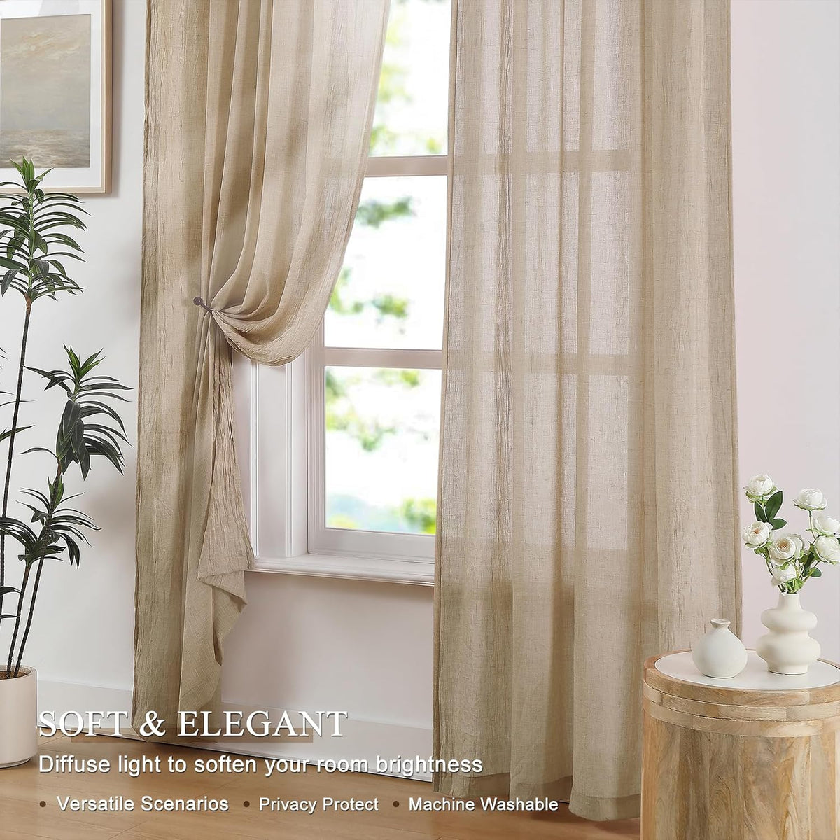 Beige Linen Light‑Filtering Sheer Curtains