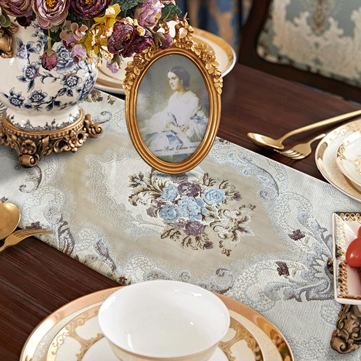 Beige Luxury Damask Chenille Table Runner