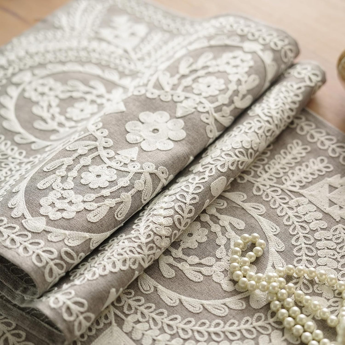 Gray Embroidered Lace Table Runner