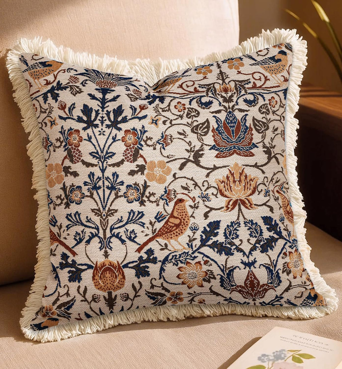 Boho Bird Floral Fringe Pillow Cover