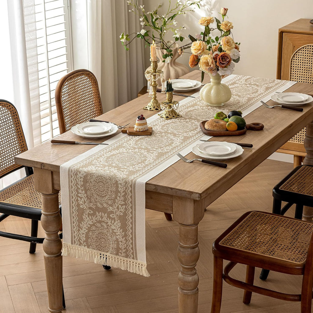 Coffee Mandala Linen Tasseled Table Runner