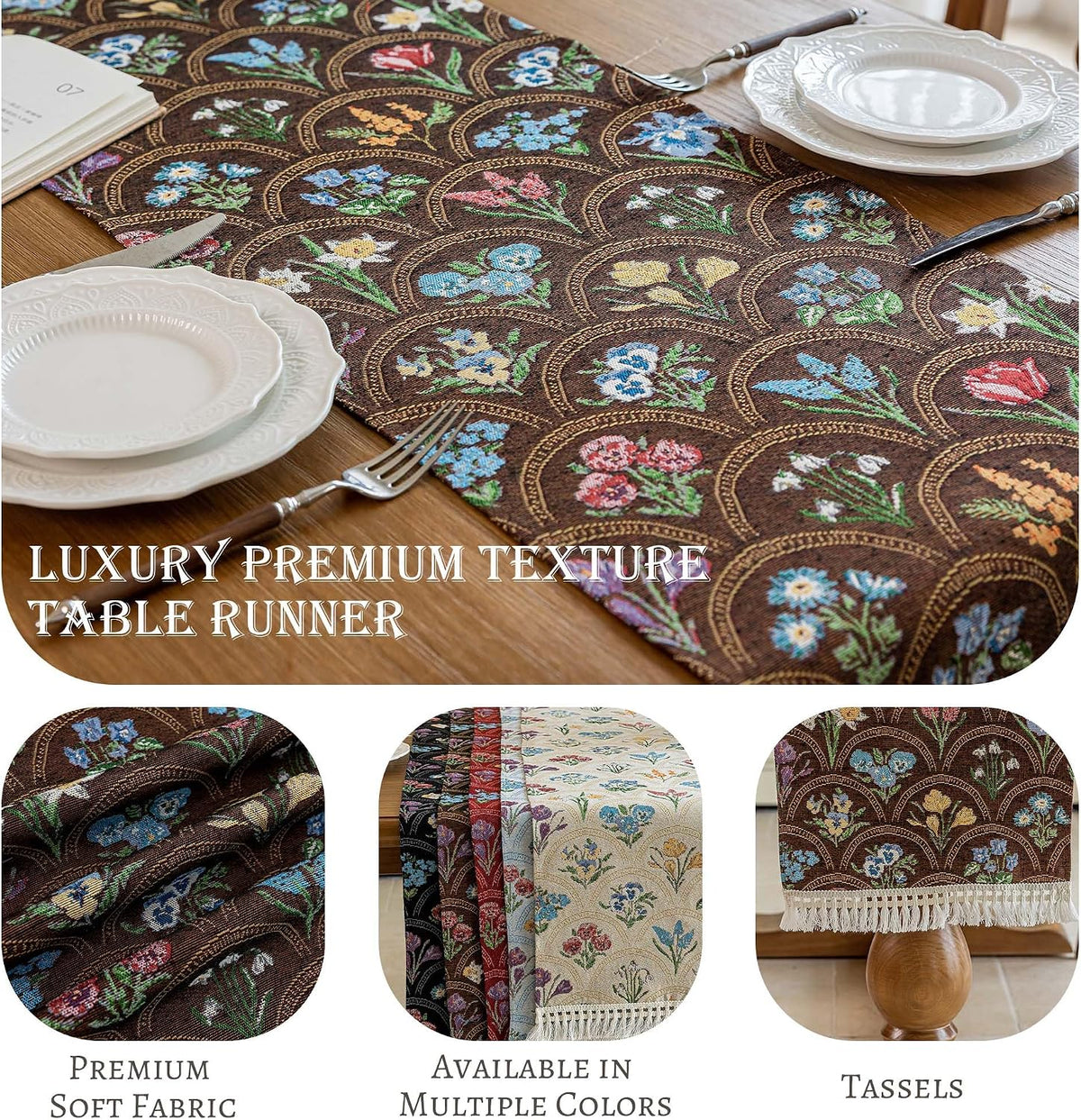 Brown Floral Jacquard Tassel Table Runner