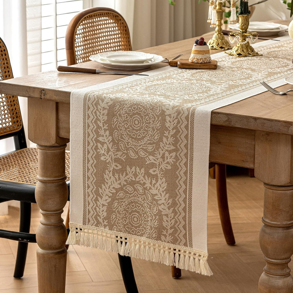 Coffee Mandala Linen Tasseled Table Runner