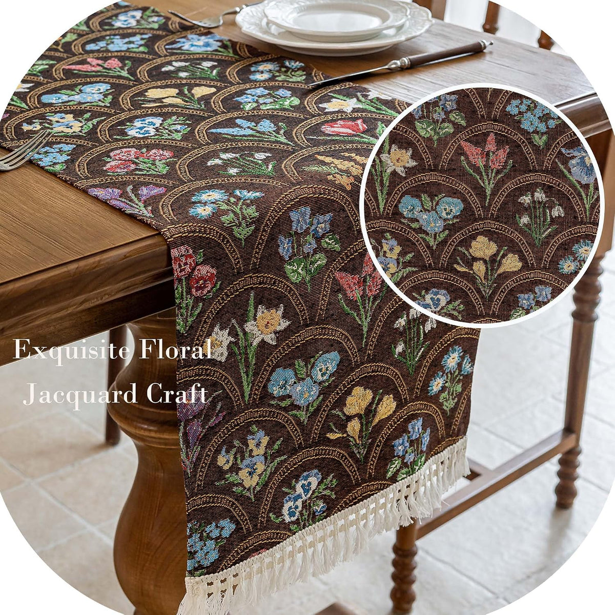 Brown Floral Jacquard Tassel Table Runner