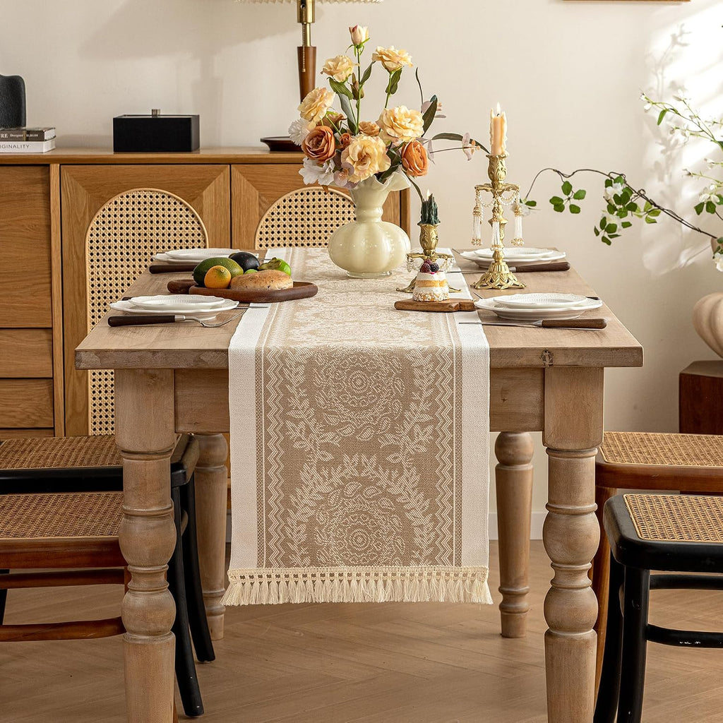 Coffee Mandala Linen Tasseled Table Runner