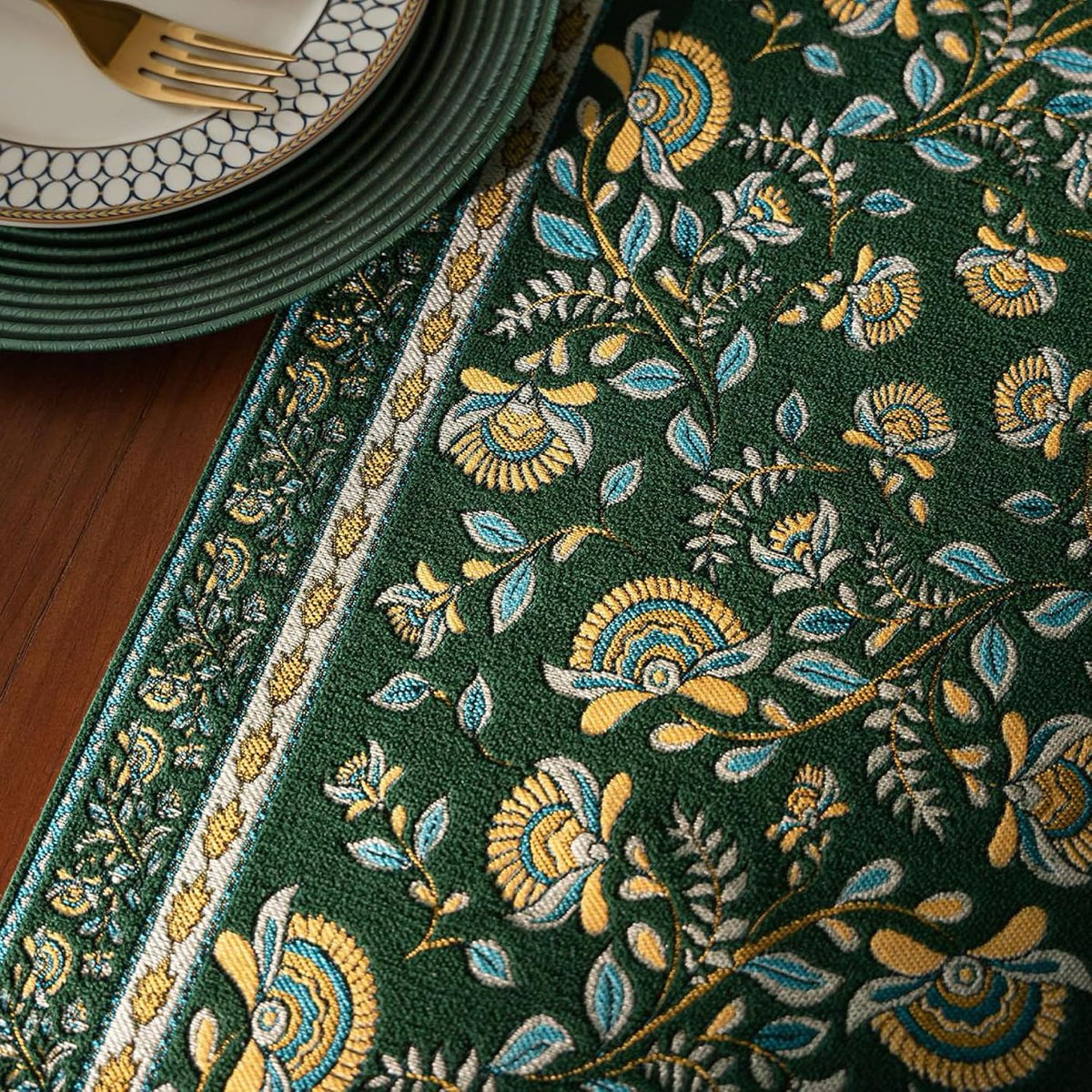 Green Floral Embroidered Tassel Table Runner