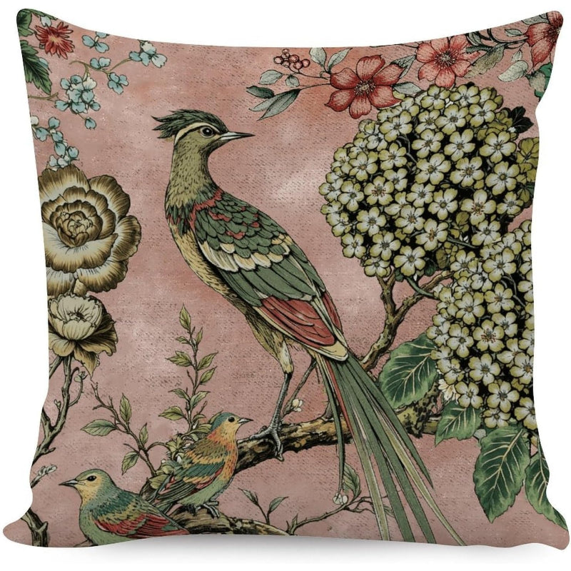 Pink Floral Bird Linen Pillow Cover