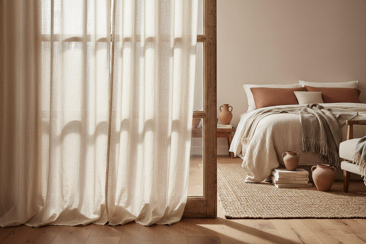 Light-filtering rinsed-cotton curtains